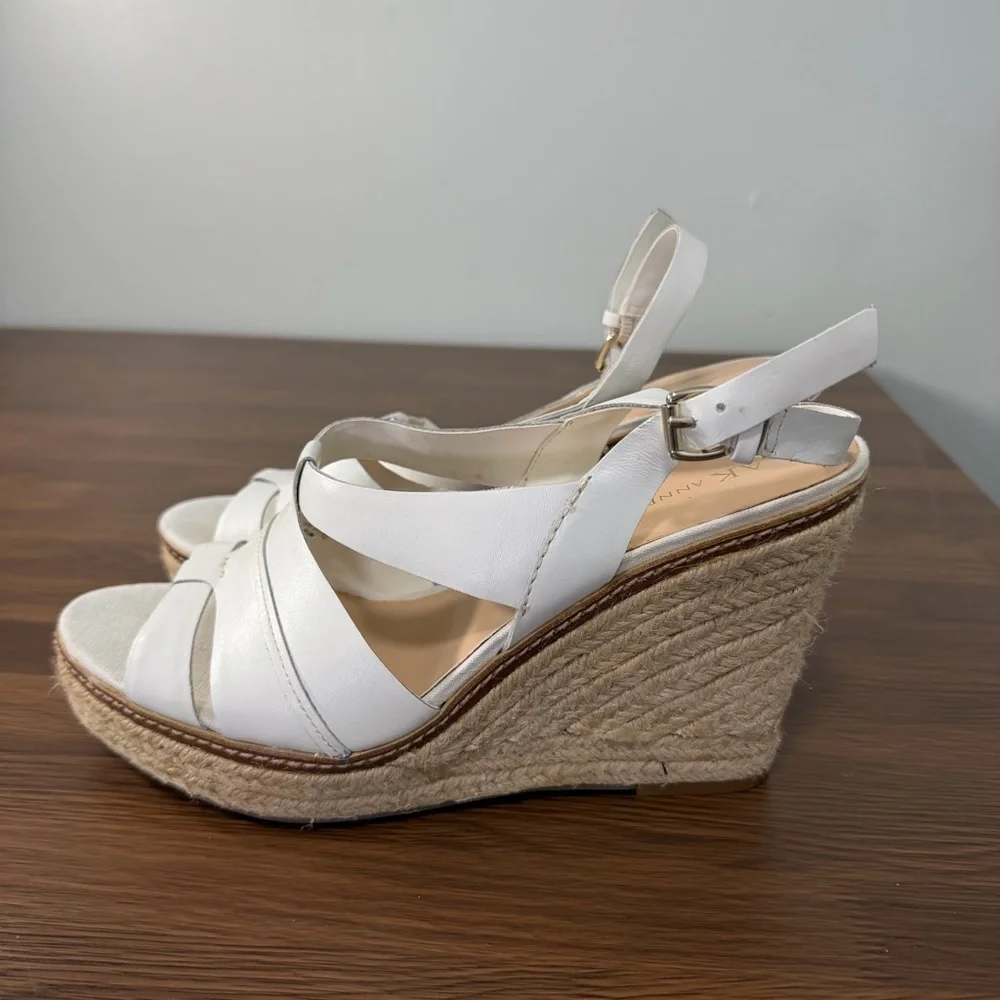 Anne Klein‎ Aktague Ivory Strappy Leather Wedge Espadrilles Size 8.5